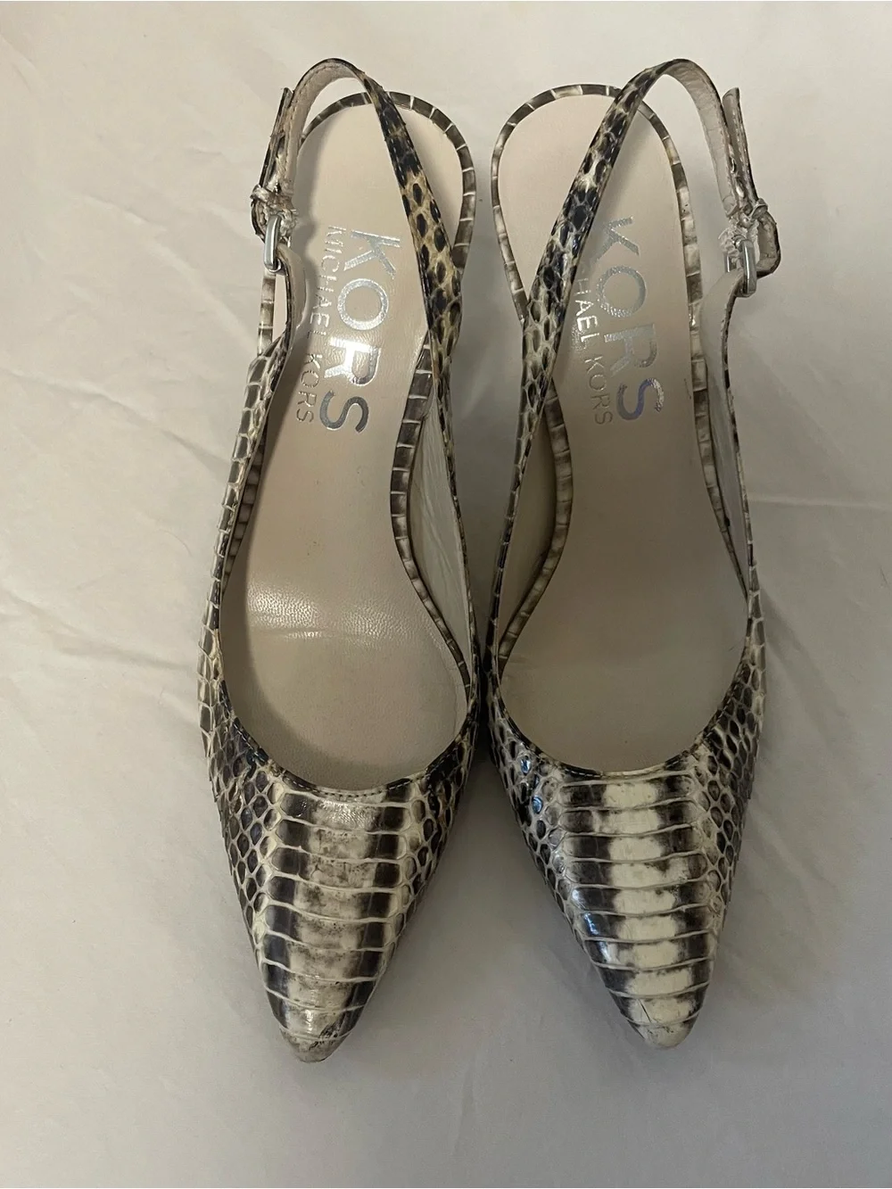 KORS Michael Kors Beige and Black Snake-Print Slingback Pumps